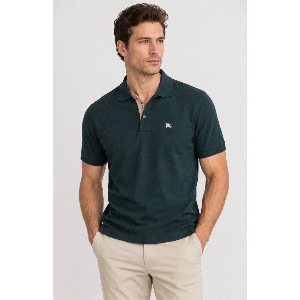 Burberry London Mens Polo Shirt Dark Green Nova Check Placket XL